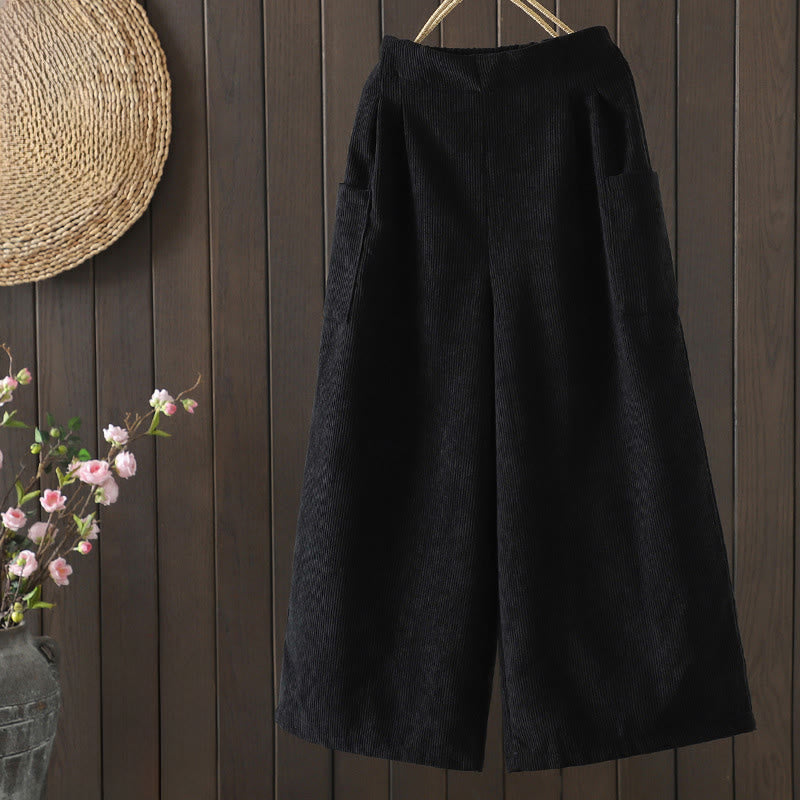 Buddha Stonesフリース裏地 ハイウエスト レディース ワイドレッグ コーデュロイ コットンパンツ ポケット付き - 黒 - US8-10，UK/AU12-14，EU40-42 (2XL) - image 10