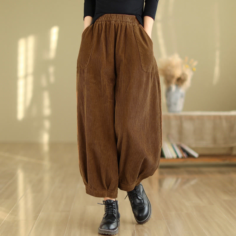 Buddha Stones無地 伸縮性ウエストバンドデザイン レディース コーデュロイ ハーレムパンツ ポケット付き - サドルブラウン - US8-10，UK/AU12-14，EU40-42 (2XL) - image 0