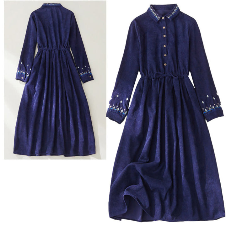 Buddha Stones刺繍の花柄レースアップデザイン長袖ミディドレス（ポケット付き） - image 14