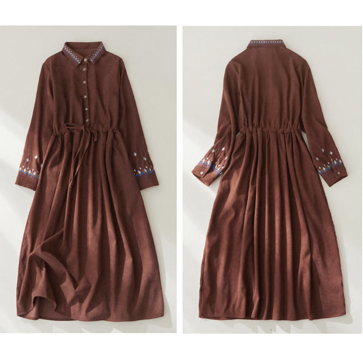 Buddha Stones刺繍花柄レースアップデザイン長袖ミディドレス（ポケット付き） - image 7