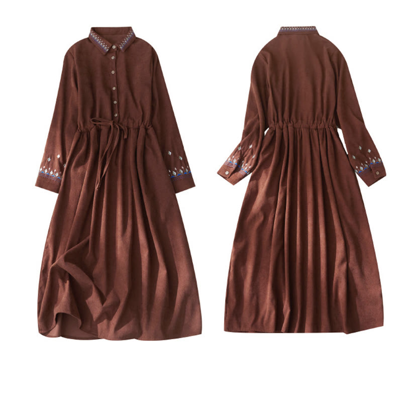 Buddha Stones刺繍の花柄レースアップデザイン長袖ミディドレス（ポケット付き） - image 9