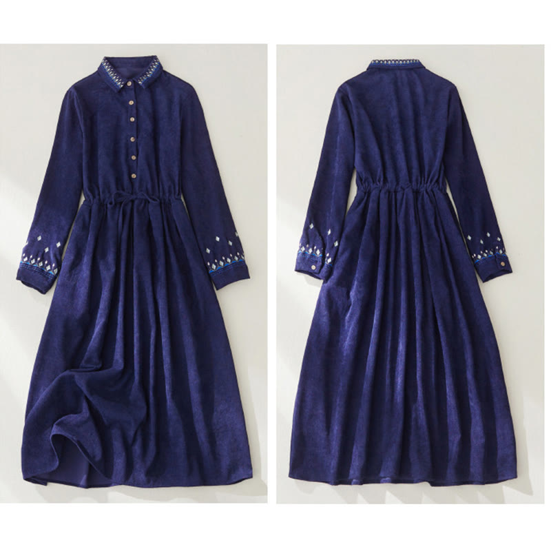 Buddha Stones刺繍花柄レースアップデザイン長袖ミディドレス（ポケット付き） - image 13