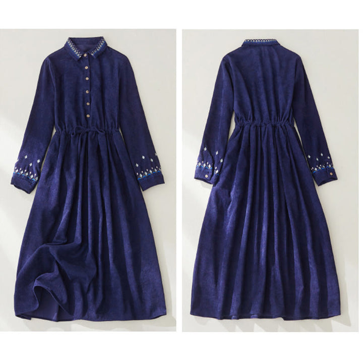 Buddha Stones刺繍花柄レースアップデザイン長袖ミディドレス（ポケット付き） - image 13