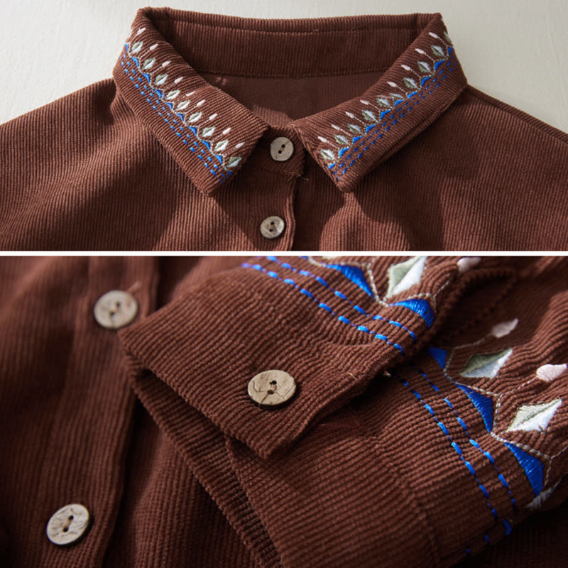 Buddha Stones刺繍花柄レースアップデザイン長袖ミディドレス（ポケット付き） - image 3