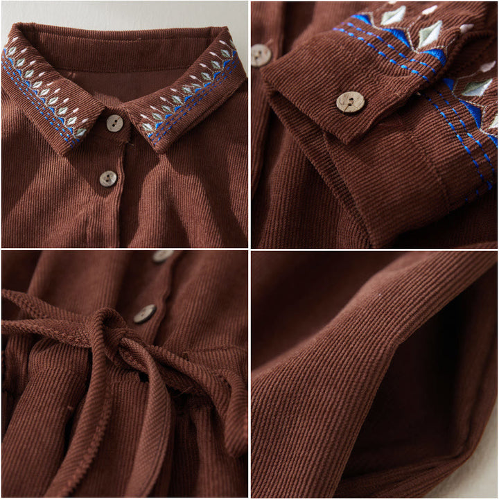 Buddha Stones刺繍の花柄レースアップデザイン長袖ミディドレス（ポケット付き） - image 6