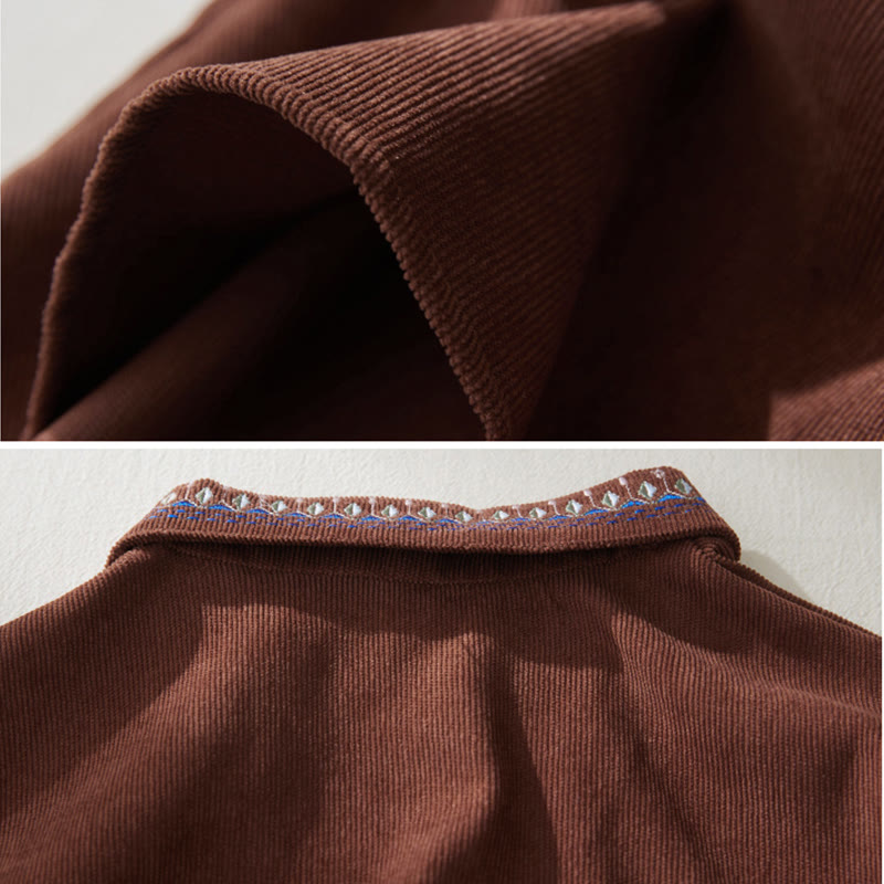 Buddha Stones刺繍の花柄レースアップデザイン長袖ミディドレス（ポケット付き） - image 4