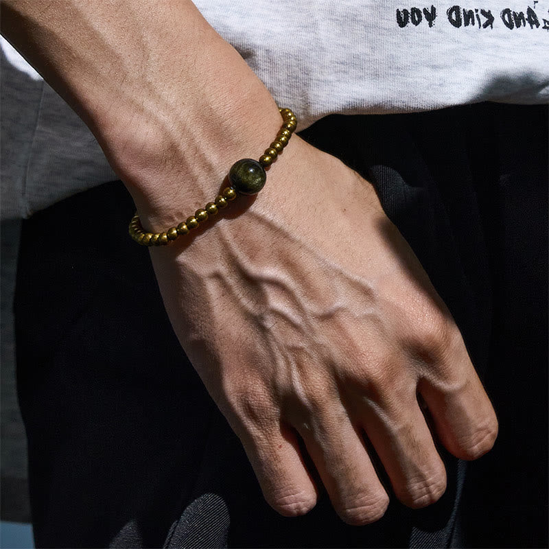 Buddha Stonesメッキ銅真鍮金光沢黒曜石 守護開運財運ブレスレット - image 2