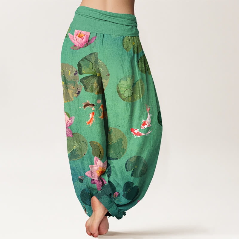 Buddha Stonesプリント鯉の花柄レディース伸縮性ウエストハーレムピュアコットンパンツ - image 7