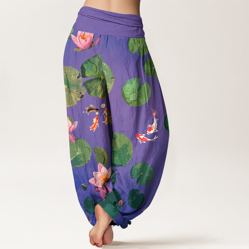 Buddha Stonesプリント鯉の花柄レディース伸縮性ウエストハーレムピュアコットンパンツ - image 10