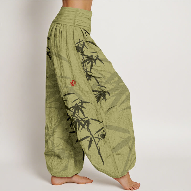 Buddha Stonesプリント 純綿 竹の葉柄 レディース 伸縮性ウエスト ハーレムパンツ - image 1