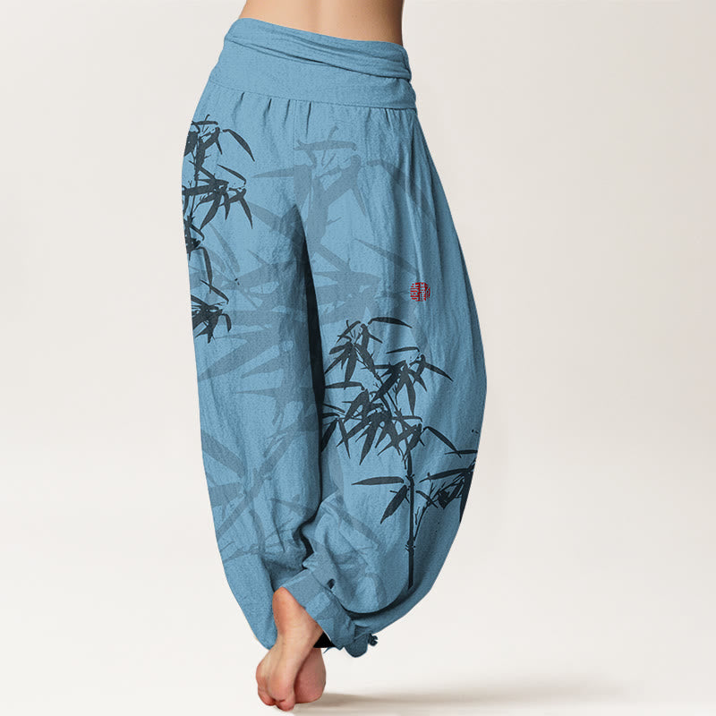 Buddha Stonesプリント 純綿 竹の葉柄 レディース 伸縮性ウエスト ハーレムパンツ - image 7