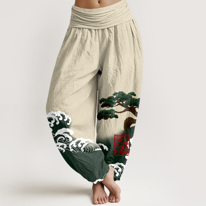 Buddha Stonesプリント ピュアコットン 松の木 波模様 レディース 伸縮性ウエスト ハーレムパンツ - ベージュ - US16、 UK/AU20、 EU48 (3XL) - image 8
