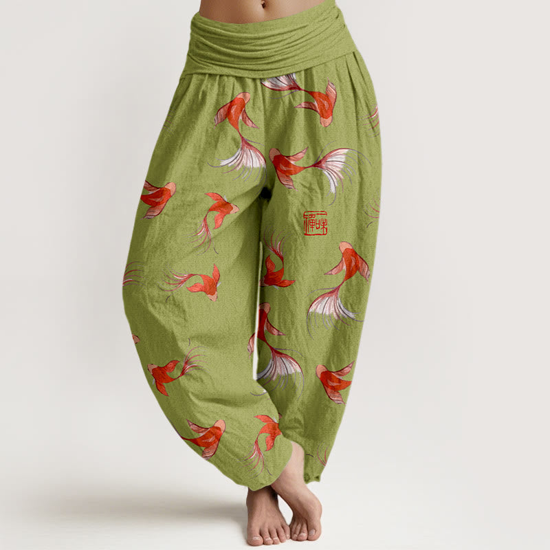 Buddha Stonesプリント 純綿 鯉鯉レディース 伸縮性ウエスト ハーレムパンツ - 黄緑 - US16、 UK/AU20、 EU48 (3XL) - image 5