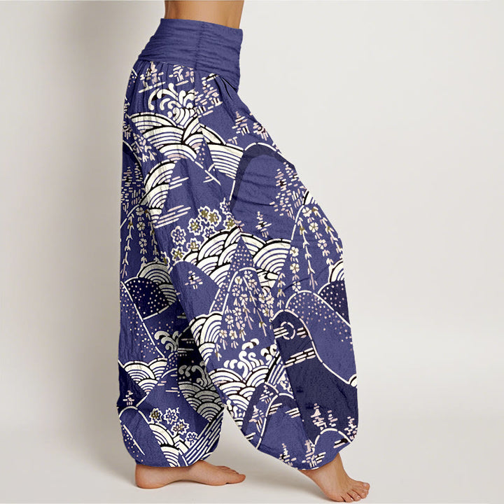 Buddha Stonesプリントの山と波、花柄レディース伸縮性ウエストハーレムピュアコットンパンツ - image 6