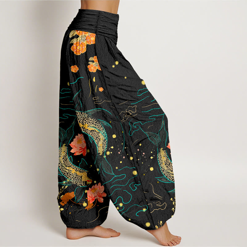 Buddha Stones、鯉、蓮の模様、レディース、伸縮性ウエスト、ハーレム、純綿プリントパンツ - image 1