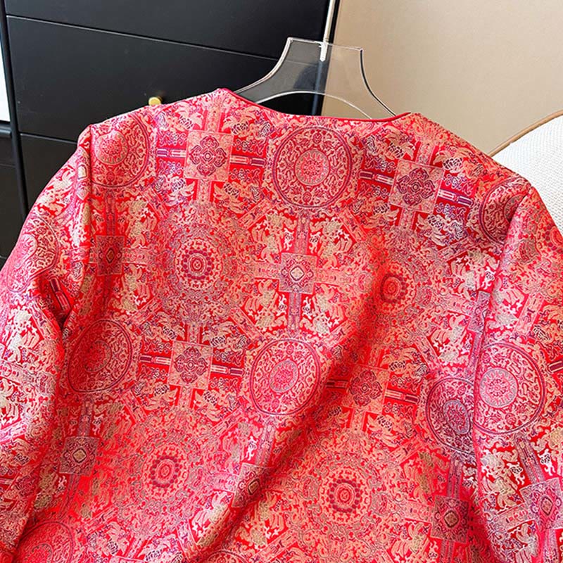 Buddha Stonesレディース ジャカード シンメトリーフローラル柄 長袖 コットンジャケット ポケット付き - image 4