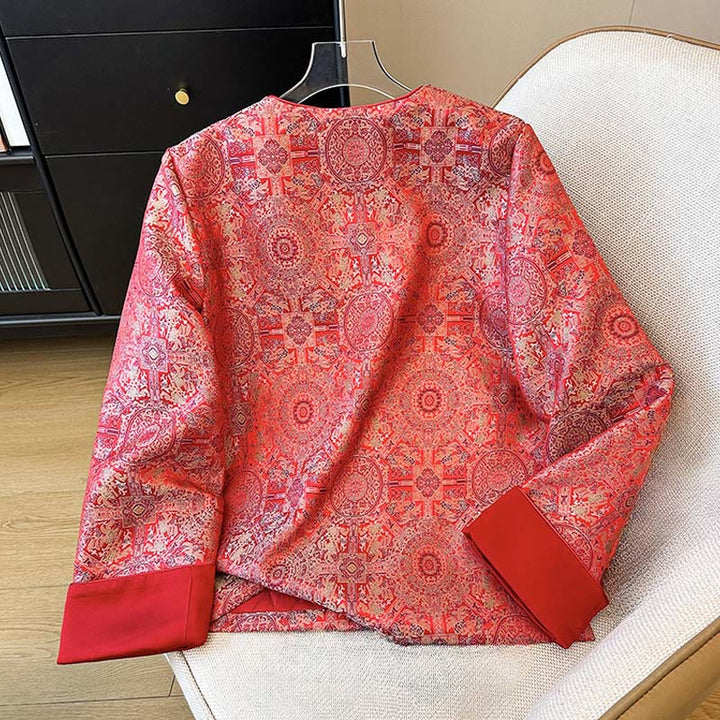 Buddha Stonesレディース ジャカード シンメトリー フローラル パターン ロングスリーブ ジャケット ポケット付き - image 2
