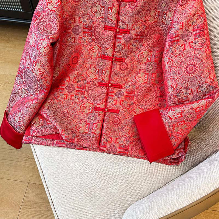 Buddha Stonesレディース ジャカード シンメトリー フローラル パターン ロングスリーブ ジャケット ポケット付き - image 8
