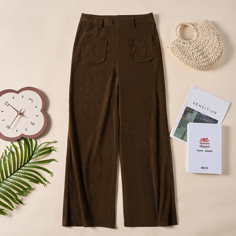 Buddha Stonesプレーンコーデュロイポリエステルレディースボタンワイドレッグパンツ（ポケット付き） - image 1