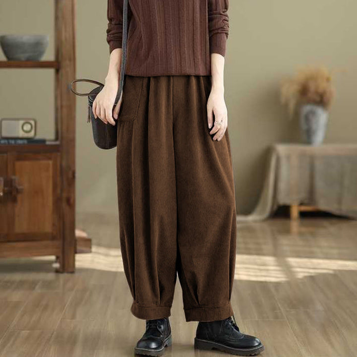 Buddha Stones冬用 無地 アンクル丈 シンプルデザイン レディース コーデュロイ ハーレムパンツ ポケット付き - image 11