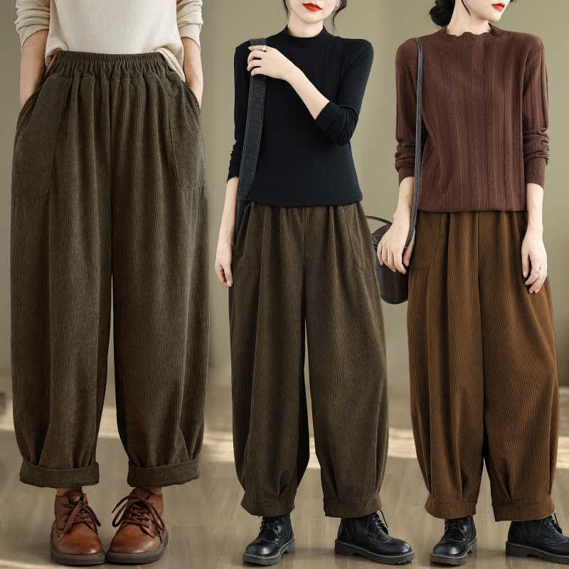 Buddha Stones冬用 無地 アンクル丈 シンプルデザイン レディース コーデュロイ ハーレムパンツ ポケット付き - image 24