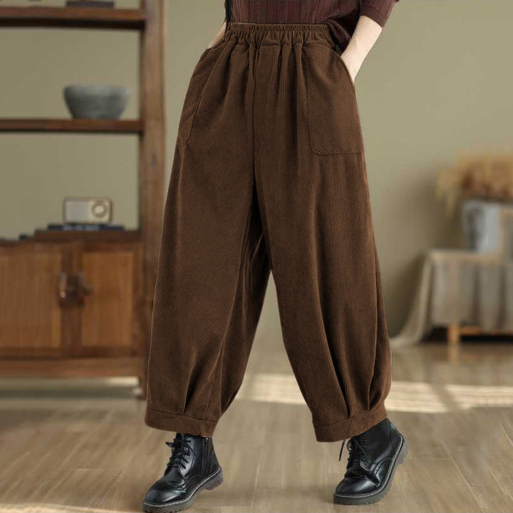 Buddha Stones冬用 無地 アンクル丈 シンプルデザイン レディース コーデュロイ ハーレムパンツ ポケット付き - image 8