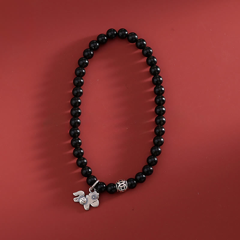 Buddha Stones馬年 925スターリングシルバー 天然黒曜石強さブレスレット - image 1