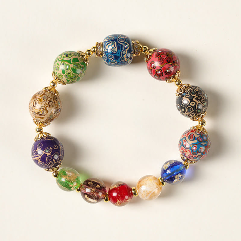 Buddha Stones、カラフルな琉璃ガラス、白檀、ひょうたんビーズ、漆工芸ブレスレット - 12mm - image 0