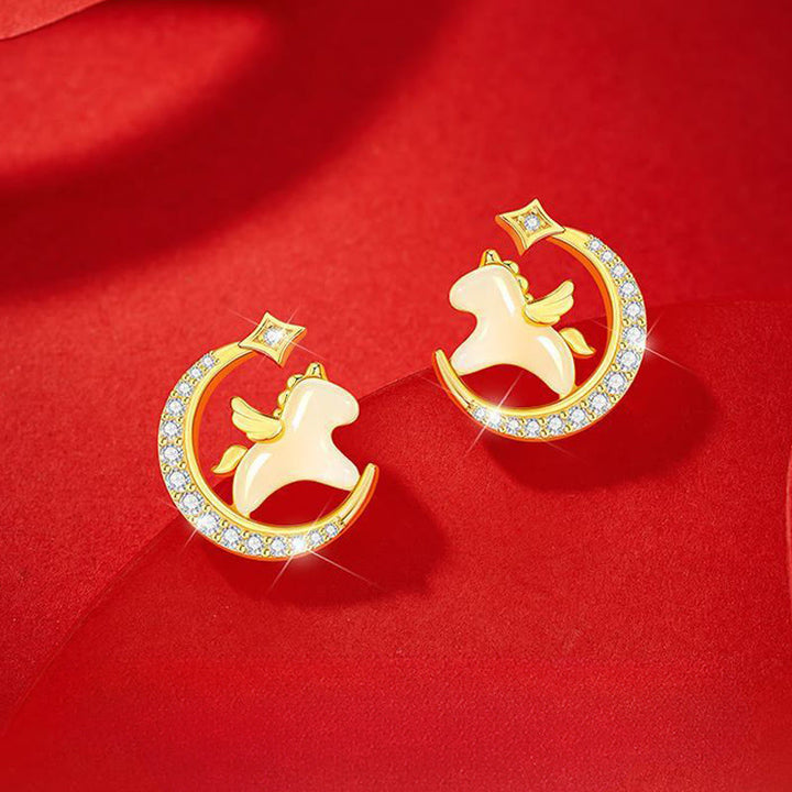 Buddha Stones午年 和田翡翠 925スターリングシルバー 月 ジルコン 豊穣 イヤリング - image 1