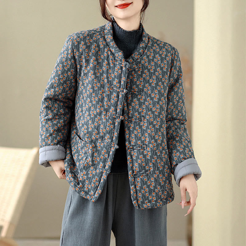 Buddha Stones冬用 カエルボタン 花柄 長袖 レディース 厚手 コットン ジャケット ポケット付き - image 3