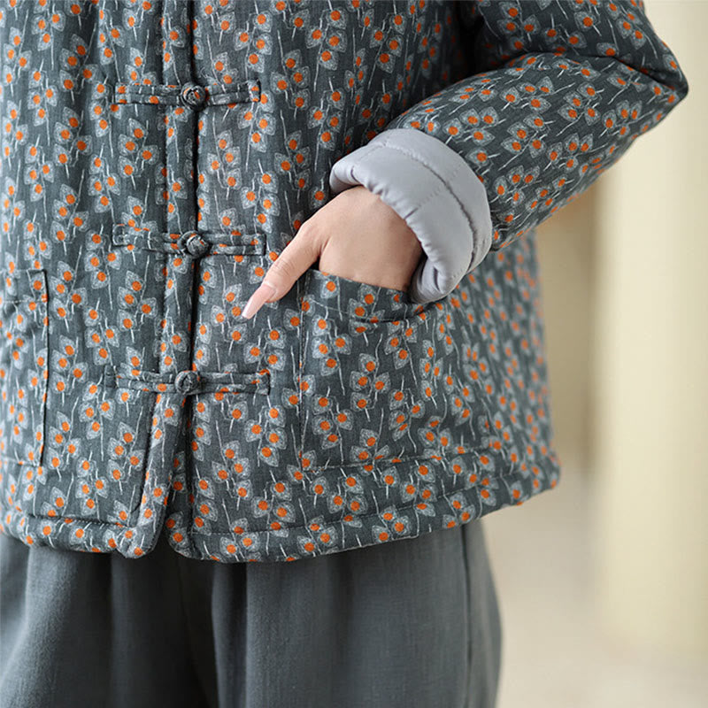 Buddha Stones冬用 カエルボタン 花柄 長袖 レディース 厚手 コットン ジャケット ポケット付き - image 8