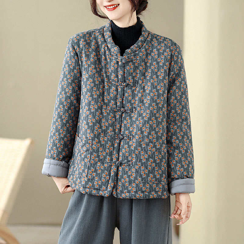 Buddha Stones冬用 カエルボタン 花柄 長袖 レディース 厚手 コットン ジャケット ポケット付き - image 1