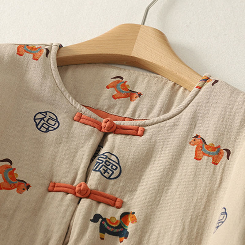 Buddha Stones馬福キャラクター柄カエルボタンデザインレディースコットン長袖厚手ジャケット - image 7