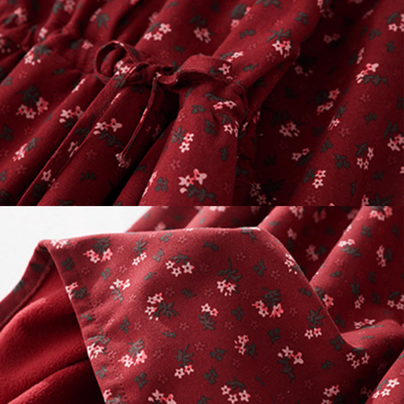 Buddha Stonesの花柄レースパッチワークデザイン長袖コーデュロイミディドレス（ポケット付き） - image 6