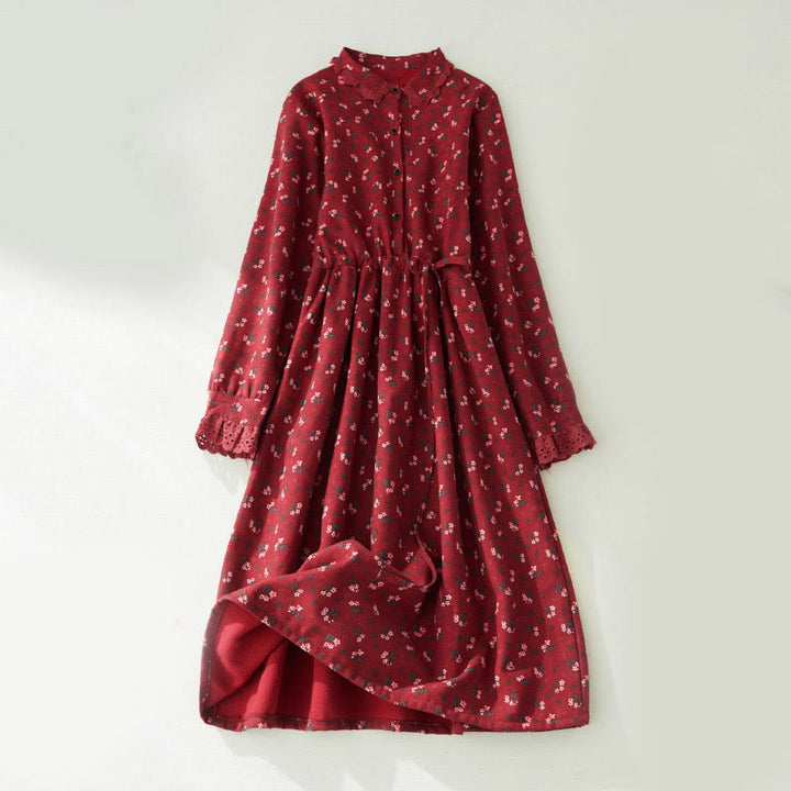 Buddha Stonesの花柄レースパッチワークデザイン長袖コーデュロイミディドレス（ポケット付き） - ファイアブリック - US8-10，UK/AU12-14，EU40-42 (2XL) - image 0