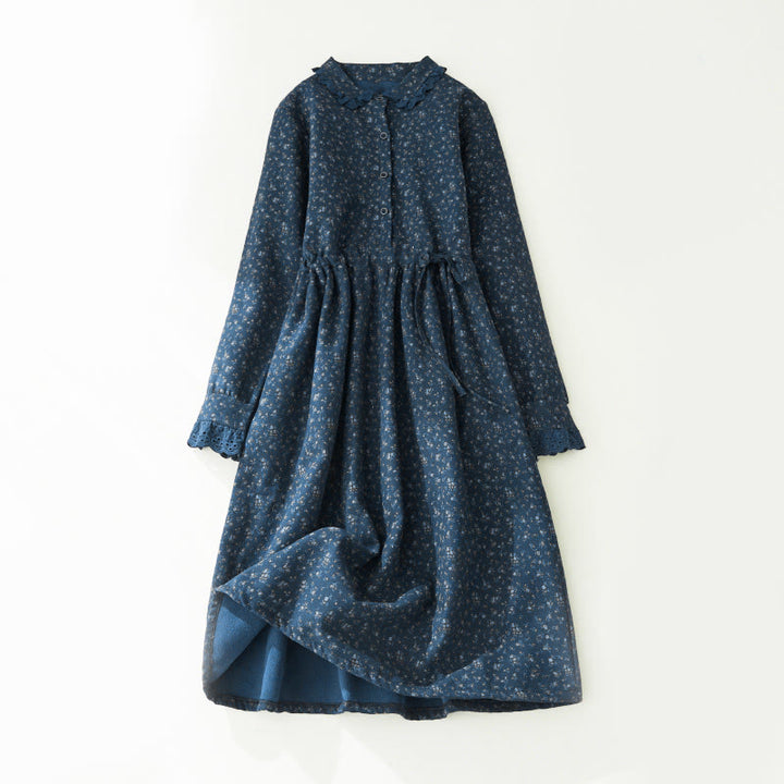 Buddha Stonesの花柄レースパッチワークデザイン長袖コーデュロイミディドレス（ポケット付き） - image 10