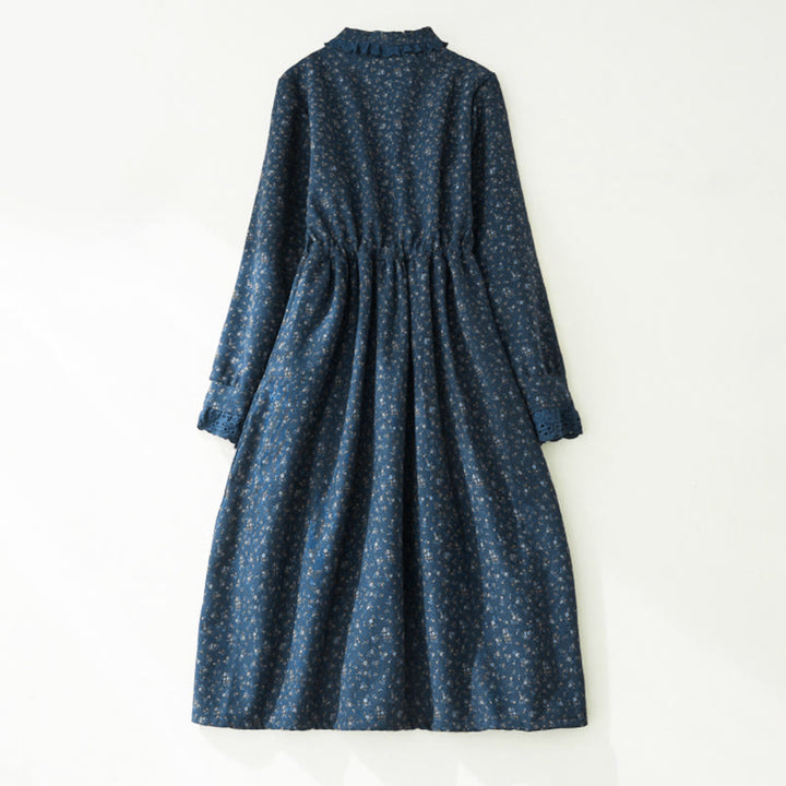 Buddha Stonesの花柄レースパッチワークデザイン長袖コーデュロイミディドレス（ポケット付き） - image 9