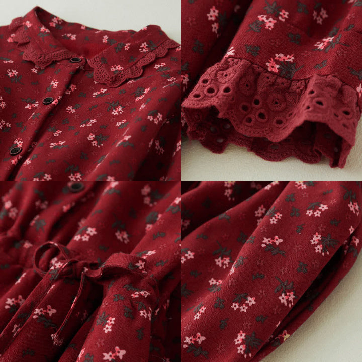 Buddha Stonesの花柄レースパッチワークデザイン長袖コーデュロイミディドレス（ポケット付き） - image 7