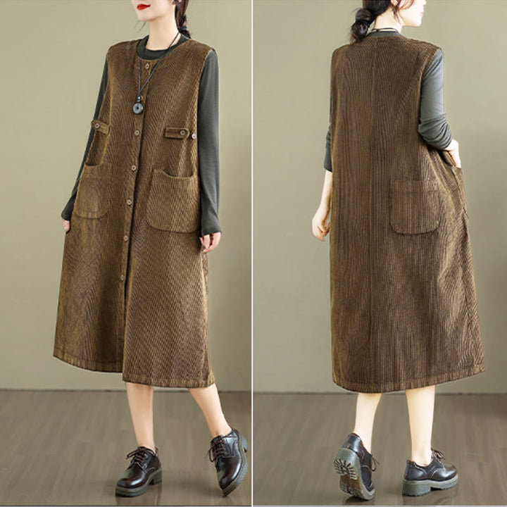 Buddha Stonesピュア コロ ボタン ノースリーブ ミディドレス ポケット付き - image 5