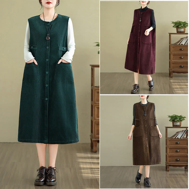 Buddha Stonesピュア コロ ボタン ノースリーブ ミディドレス ポケット付き - image 21