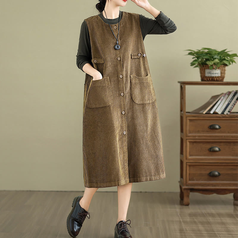 Buddha Stonesピュア コロ ボタン ノースリーブ ミディドレス ポケット付き - image 4