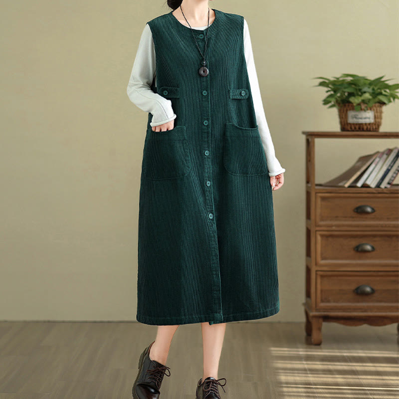 Buddha Stonesピュア コロ ボタン ノースリーブ ミディドレス ポケット付き - image 9