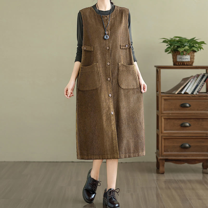 Buddha Stonesピュア コロ ボタン ノースリーブ ミディドレス ポケット付き - image 3