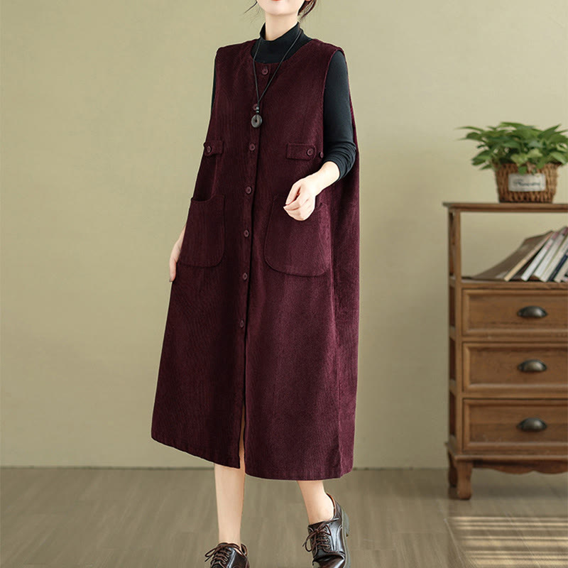 Buddha Stonesピュア コロ ボタン ノースリーブ ミディドレス ポケット付き - image 15