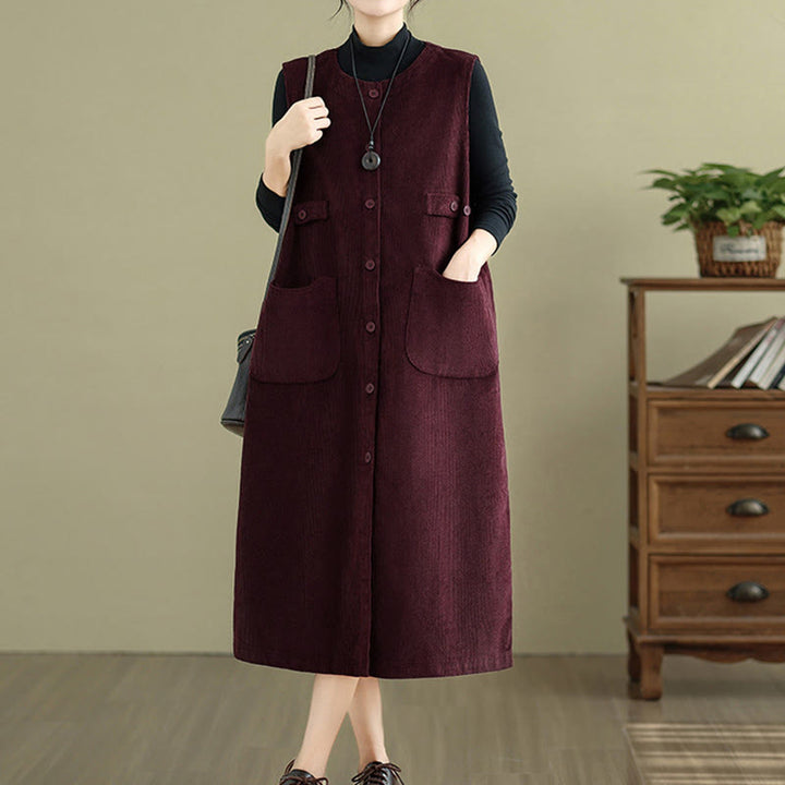 Buddha Stonesピュア コロ ボタン ノースリーブ ミディドレス ポケット付き - image 16