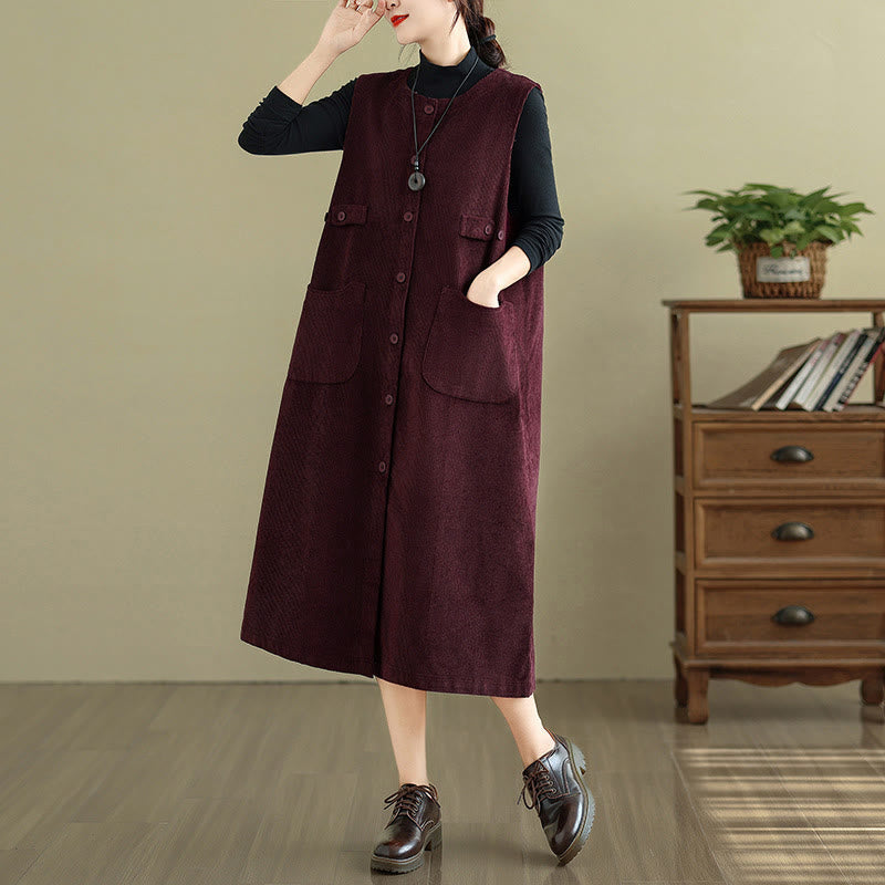 Buddha Stonesピュア コロ ボタン ノースリーブ ミディドレス ポケット付き - ダークレッド - US8-10，UK/AU12-14，EU40-42 (2XL) - image 14