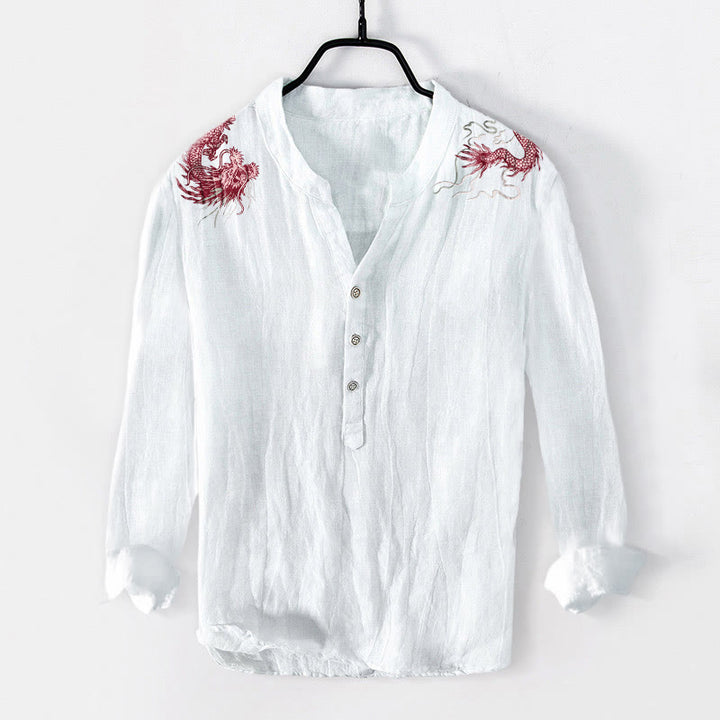 Buddha Stones赤龍柄 ハーフボタン メンズ コットンリネン 長袖シャツ - 白 - US/UK/AU50、EU60 (5XL) - image 3