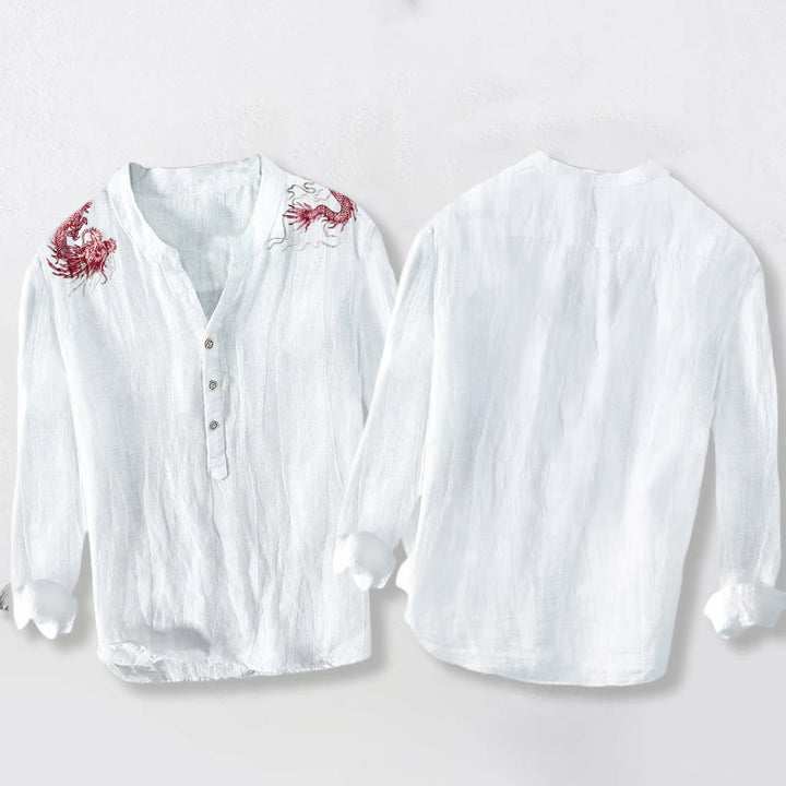 Buddha Stones赤龍柄 ハーフボタン メンズ コットンリネン 長袖シャツ - image 5