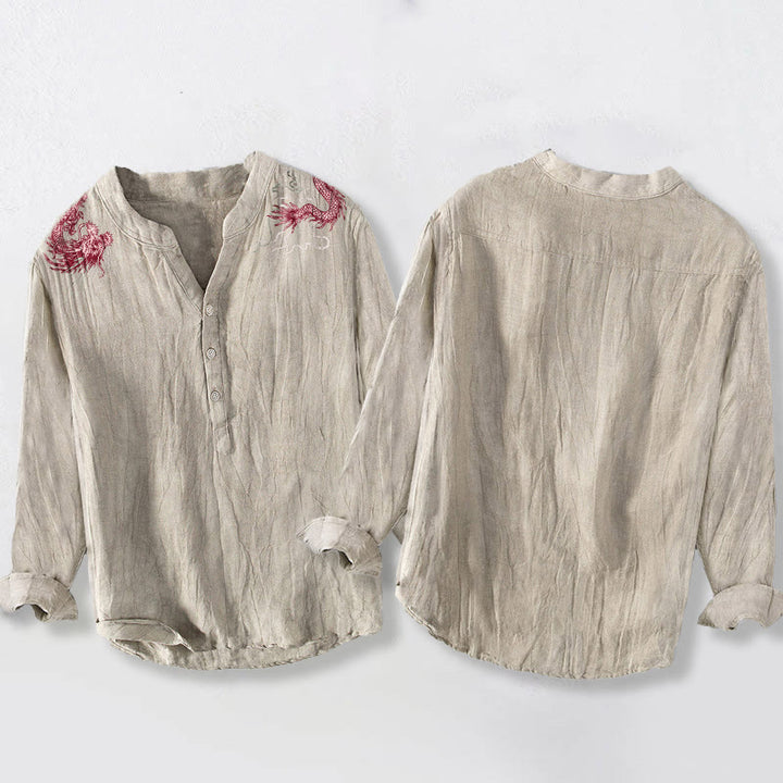 Buddha Stones赤龍柄 ハーフボタン メンズ コットンリネン 長袖シャツ - image 8