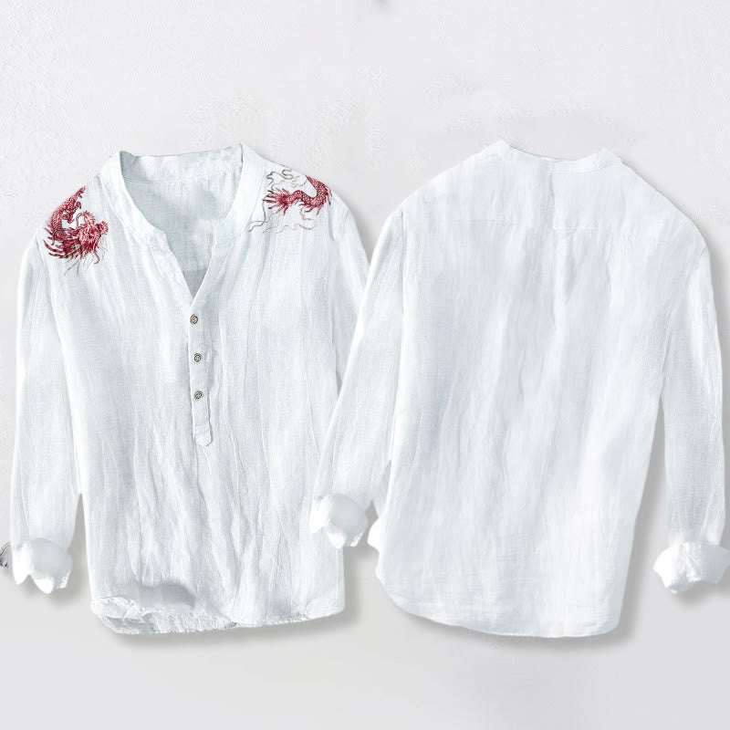 Buddha Stones赤龍柄 ハーフボタン メンズ コットンリネン 長袖シャツ - image 5